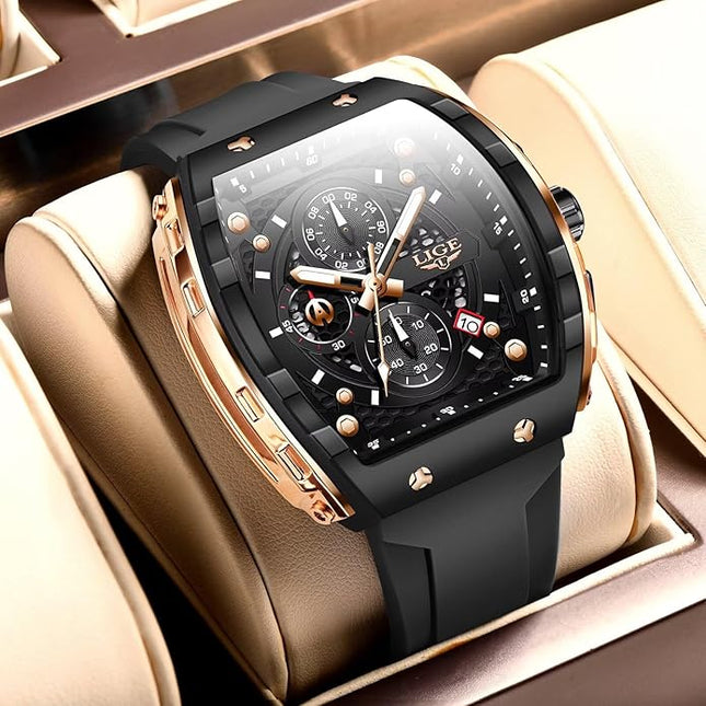 Mens Watches,Unique Rectangular Quartz Analog Watch,Outdoor Sports Multi-Function Watch,Chronograph/Waterproof/Luminous/Calendar,Durable Silicone Strap Mens Casual Watches