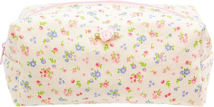 PAZIMIIK Cozy Makeup Bag Travel Cosmetic Bag for Women Soft Toiletry Bag Aesthetic Makeup Organizer Portable Large Zipper Pouch for Skincare Beauty Accessories Brushes Ribbing Floral Beige