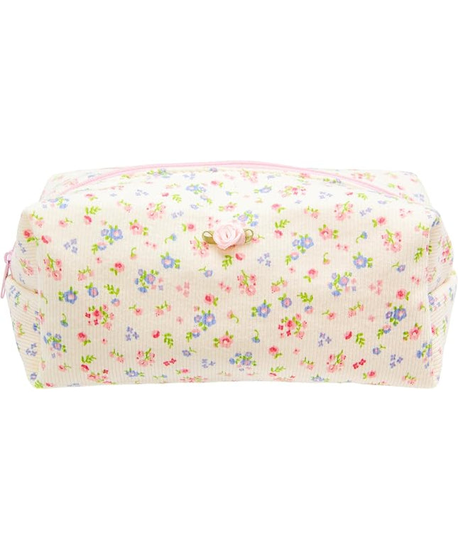 PAZIMIIK Cozy Makeup Bag Travel Cosmetic Bag for Women Soft Toiletry Bag Aesthetic Makeup Organizer Portable Large Zipper Pouch for Skincare Beauty Accessories Brushes Ribbing Floral Beige