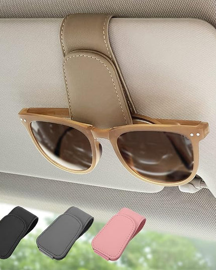 Magnetic Leather Sunglass Holder, Eyeglass Hanger Clip for Car Sun Visor, Suitable for Different Size Eyeglasses (Beige)