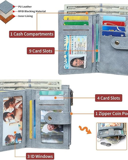 FALAN MULE Small Wallet for Women RIFD Leather Bifold Credit Card Holder with 3 ID Window
