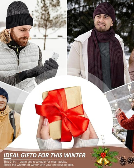 Men Women Winter Beanie Hats Scarf with Touchscreen Gloves Warm Knit Themal Gloves Long Scarf Set with Fleece Lined