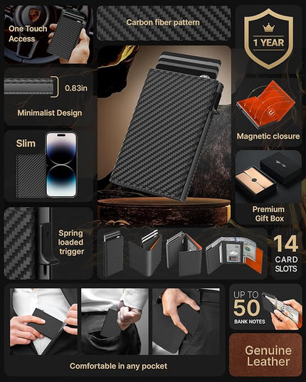typecase Mens Wallet Card Holder: Pop Up Aluminum Case, Carbon Fiber Leather, Smart, RFID Blocking, Slim, Minimalist, Front Pocket - 9-14 Card Capacity | ID Window | Cash Slot (Orange)