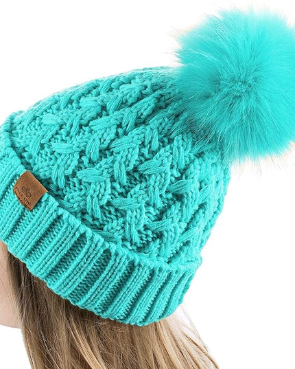 PAGE ONE Womens Winter Ribbed Beanie Crossed Cap Chunky Cable Knit Pompom Soft Warm Hat
