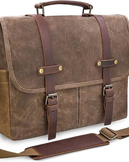 Mens Messenger Bag 15.6 Inch Waterproof Vintage Genuine Leather Waxed Canvas Briefcase Large Leather Computer Laptop Bag Rugged Satchel Shoulder Bag, Brown