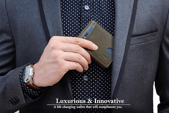 SERMAN BRANDS RFID Blocking Slim Bifold Genuine Leather Minimalist Front Pocket Wallets for Men with Money Clip Thin Mens
