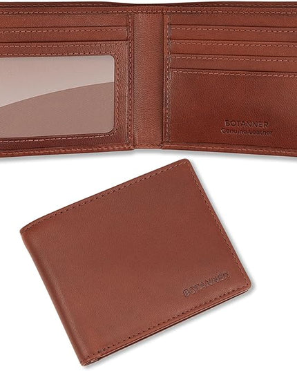 BOTANNER Genuine Leather Bifold Mens Wallet Slim RFID Blocking 5 Credit Card Slots 1 ID Window 2 Sections for Bills 2 Additional Slots | Dark walnut brown