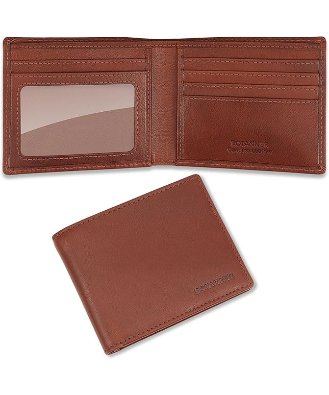 BOTANNER Genuine Leather Bifold Mens Wallet Slim RFID Blocking 5 Credit Card Slots 1 ID Window 2 Sections for Bills 2 Additional Slots | Dark walnut brown