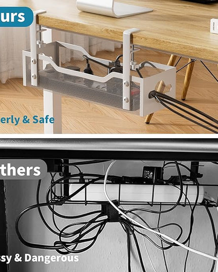 Under Desk Cable Management Tray 3 Pack, Cable Management Under Desk No Drill, Cable Organizer with Clamp for Wire Management, Cord Organizer for Office, Home - No Damage to Table (White)
