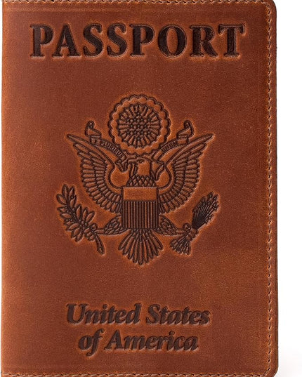 Shvigel US Leather Passport Book Cover - Thin American Travel Passport Holder - Premium International USA Passport Protector Case for Women Men (Light Brown Vintage)