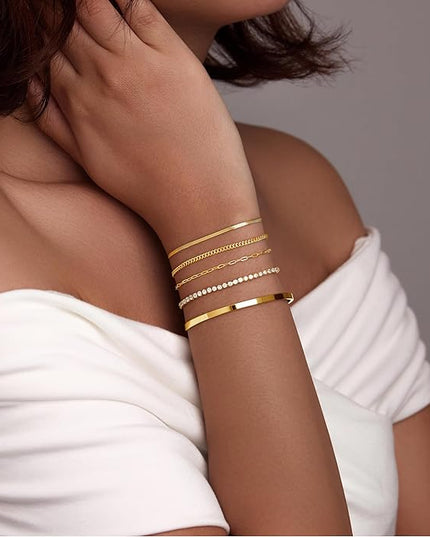 Gold Bracelets Set for Women Stack, Dainty Thick Bracelets Stack for Women Trendy, Simple Thin Gold Plated Cuff Stackable Bracelets With Beaded Cuban Paperclip Snake Rope Bangle Hand Chain Jewelry Gifts for Women Non Tainish