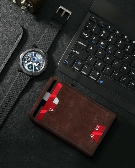 typecase Smart Wallet Card Holder for Men: Pop Up Card Case, Premium Genuine Leather, RFID Blocking, Slim, Minimalist, Thin, Front Pocket - 13 Card Capacitiy, ID Window, Cash Strap (Brown)