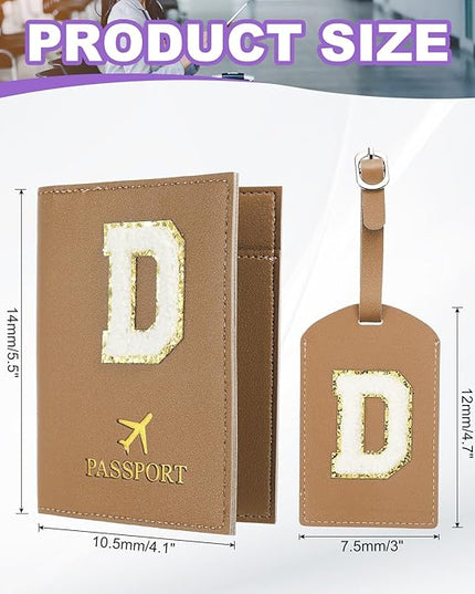 PATIKIL Passport Holder for Travel, Initial Passport Cover and Luggage Tag Set with Alphabet Chenille Letter Patch Travel Wallet Bag Suitcase Identifier for Women Family Travel Brown D