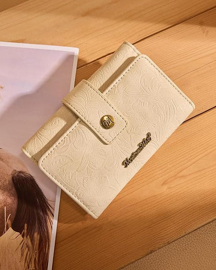 Montana West Small Womens Wallet Western Embossed Floral Women's Wallets Trifold RFID Wallet Women Ladies Female Compact Wallet Travel Clutch Wallett Apricot with ID Window
