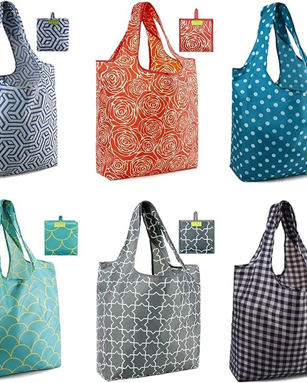 BeeGreen Reusable Grocery Bags Geometry Design - Pack of 6 Foldable Totes for Women with Pouch,X-Large 50lbs Capacity Machine Washable Polyester Sturdy Shopping Bags for Women Travel Shopping