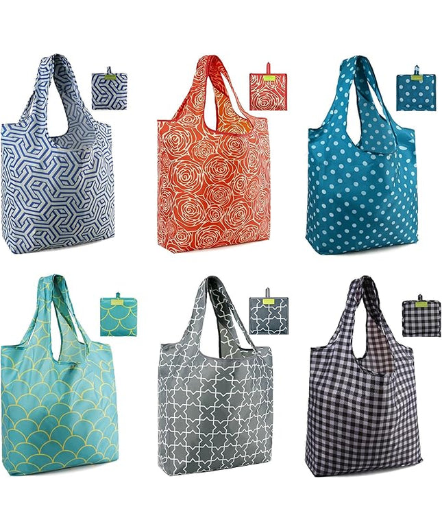 BeeGreen Reusable Grocery Bags Geometry Design - Pack of 6 Foldable Totes for Women with Pouch,X-Large 50lbs Capacity Machine Washable Polyester Sturdy Shopping Bags for Women Travel Shopping