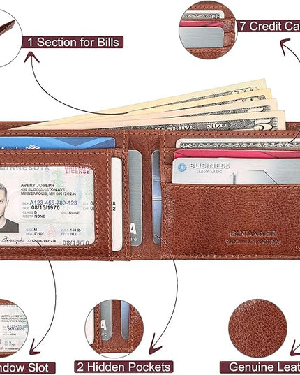 BOTANNER Genuine Leather Mens Bifold Wallet RFID Blocking 7 Credit Card Slots 1 ID Window 1 Section for Bills 2 Additional Slots | Tan