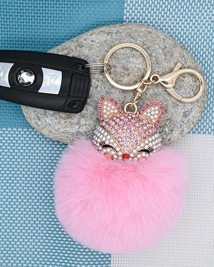 Faux Rabbit Fur Ball Pom Pom Keychain with Fox Head Studded with pearl Rhinestone for Womens Bag Car Key Decoration