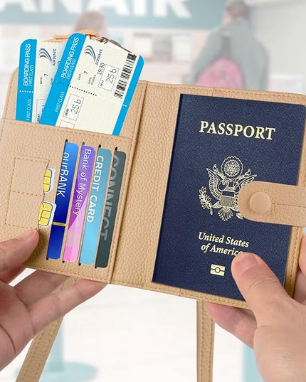 Passport Holder RFID Protected Wallet and Luggage Tag with Protection Cover Travel Accessories Leather Card Case Organizer for Women Men (Beige)