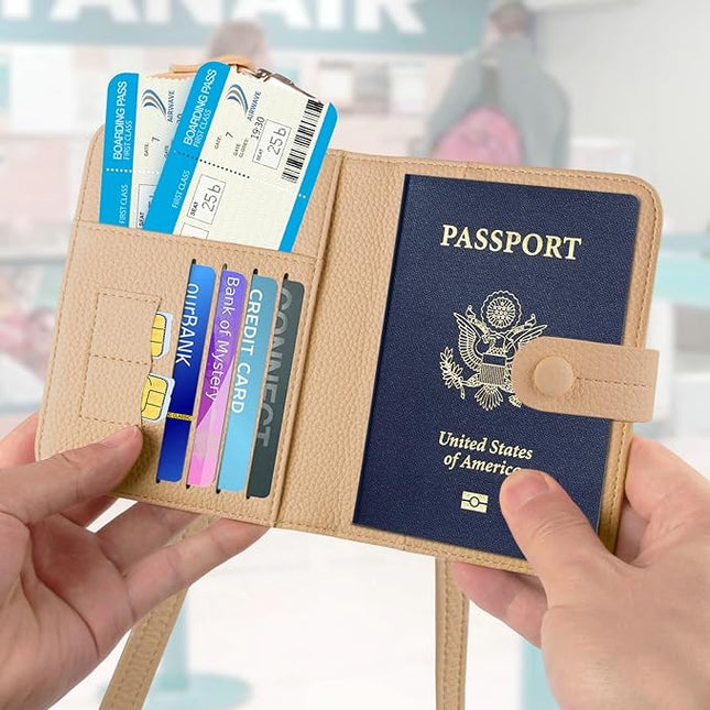 Passport Holder RFID Protected Wallet and Luggage Tag with Protection Cover Travel Accessories Leather Card Case Organizer for Women Men (Beige)