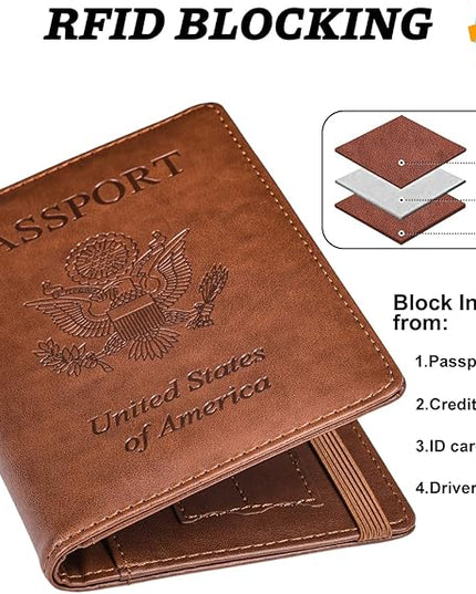 HerriaT Passport and Vaccine Card Holder Combo,Cover Case with CDC Vaccination Card Slot, Leather Travel Documents Organizer Protector, with RFID Blocking, for Women and Men