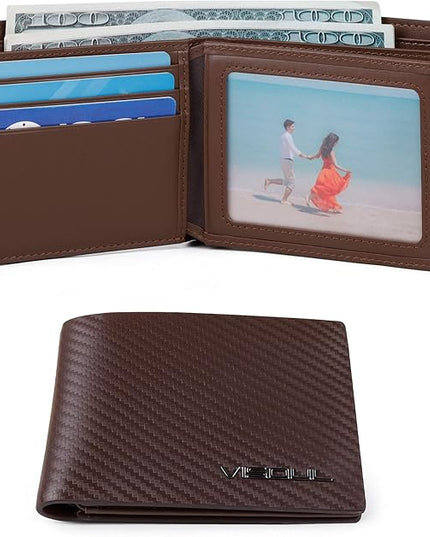 VISOUL Mens Carbon Fiber Leather Bifold Wallet with 2 ID Windows, RFID Blocking Stylish Wallet for Men with 2 Cash Compartments (Brown+Brown)
