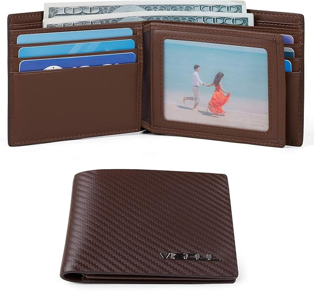 VISOUL Mens Carbon Fiber Leather Bifold Wallet with 2 ID Windows, RFID Blocking Stylish Wallet for Men with 2 Cash Compartments (Brown+Brown)