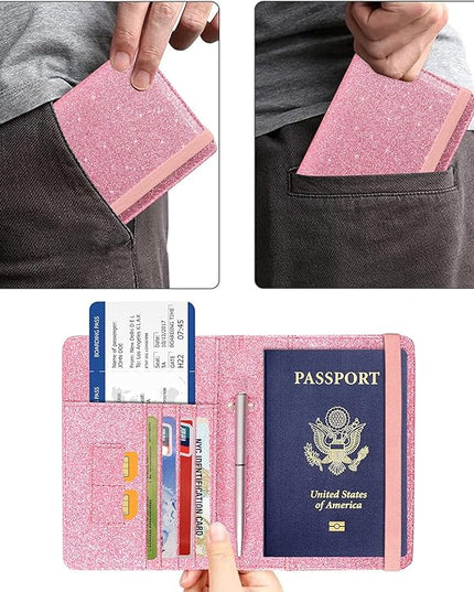 ACdream Passport Holder Cover, Leather Travel Wallet Case, RFID Blocking Document Organizer Protecrtor, with Slots for Credit Cards, Boarding Pass, for Women and Men, Glitter Pink