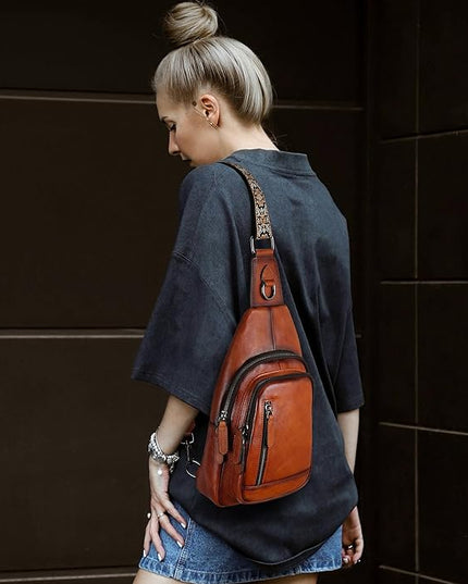 HESHE Leather Sling Bag for Women Crossbody Bags with Multi-Pocket Stylish Fanny Packs for Travel Chest Bag