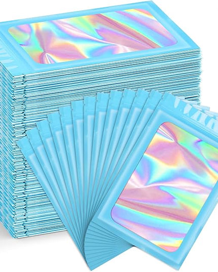 Funfery 300 Pack Smell Proof Resealable Bags for Food Storage,Holographic Bags 4x6 Blue Mylar Clear Packaging Bag- Scent Proof for Cookies, Zip Foil Pouch for Small Business