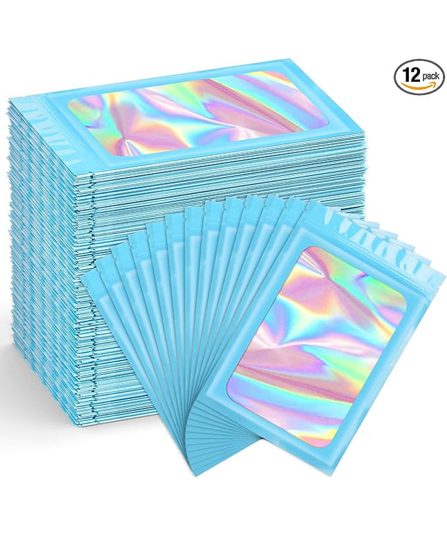 Funfery 300 Pack Smell Proof Resealable Bags for Food Storage,Holographic Bags 4x6 Blue Mylar Clear Packaging Bag- Scent Proof for Cookies, Zip Foil Pouch for Small Business