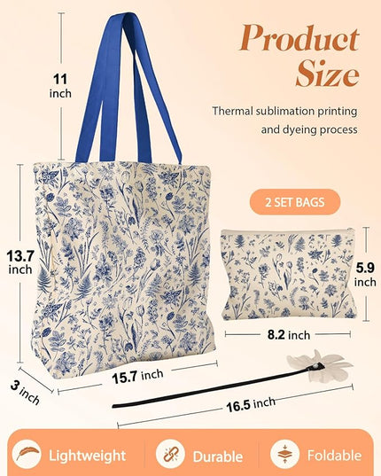 Aesthetic 2 Pack Canvas Tote Bag - with Makeup Pouch Bag for Women Reusable Grocery Bag for Gym, Travel, Work