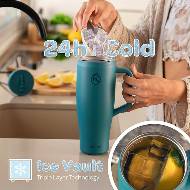 Hydracy Soulmate Insulated Tumblers with Handle and Stainless Steel Straw - 100% Leakproof Reusable Insulated Cup - Cupholder Friendly Rubber Base Travel Mug - Twilight Teal
