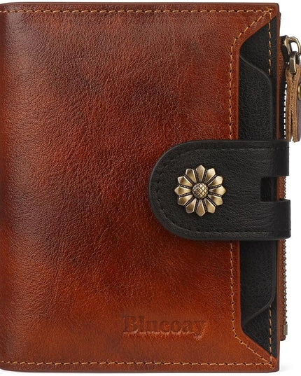 Blucoay Leather Wallet Women,RFID Blocking Womens Wallet Bifold Compact Small Wallet for Women Card Holder with Zip Coin Pocket Brownblack