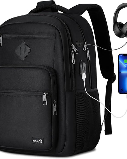 Paude Black Backpack,17.3 Inch School Backpack for Teens Adults Laptop Bookbag for High School College Students Back Pack for Work