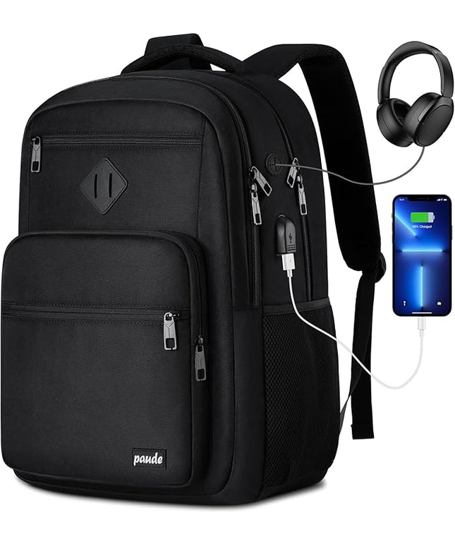 Paude Black Backpack,17.3 Inch School Backpack for Teens Adults Laptop Bookbag for High School College Students Back Pack for Work