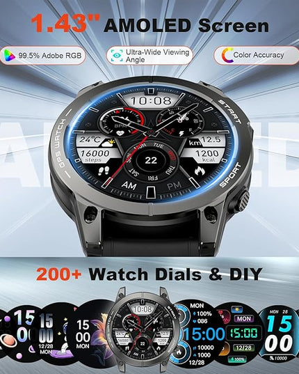 Smart Watch for Men GPS Fitness: 1.43" AMOLED Military Make Answer Call Running Digital Mens Watches Waterproof Smartwatch Android Phone iPhone Samsung Compatible Step Tracker SpO2 Heart Rate Monitor