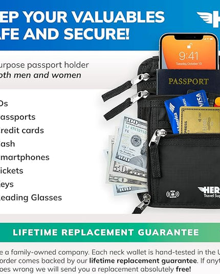 HERO Neck Wallet, RFID Blocking Passport Holder - Easy to Conceal and Pouch