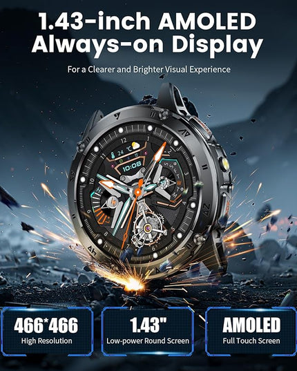 LIGE Military Smart Watch for Men iPhone Android 1.43" HD Amoled Rugged 120+ Sport Modes IP68 Waterproof Answer/Make Call Fitness Running Heart Rate Blood Pressure Health Mens Smartwatch EF6-E