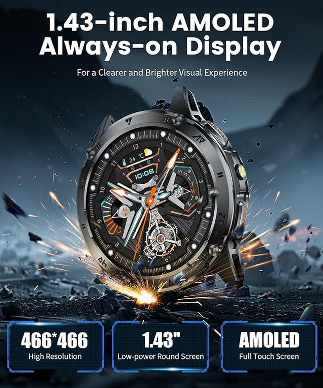 LIGE Military Smart Watch for Men iPhone Android 1.43" HD Amoled Rugged 120+ Sport Modes IP68 Waterproof Answer/Make Call Fitness Running Heart Rate Blood Pressure Health Mens Smartwatch EF6-E