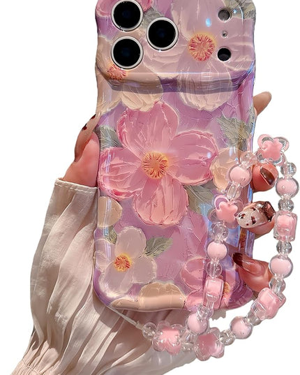 for iPhone 17 Wavy Case, Curly Protection Frame，Vintage Glossy Oil Painting Floral Print， with Lovely Bead Chain for Grils and Women (Pink)