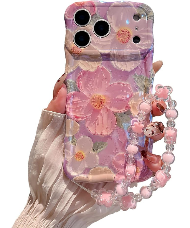 for iPhone 17 Wavy Case, Curly Protection Frame，Vintage Glossy Oil Painting Floral Print， with Lovely Bead Chain for Grils and Women (Pink)