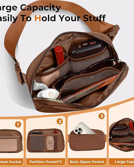 Cwualo Belt Bag Zipper Fanny Pack Crossbody Bags for Women,Fashion Nylon Waist Packs, Water Repellent Two Way wear with Adjustable Strap Gifts for Teenage Girls Women Men(Brown)