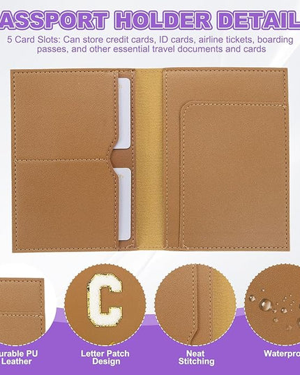 PATIKIL Passport Holder for Travel, Initial Passport Cover and Luggage Tag Set with Alphabet Chenille Letter Patch Travel Wallet Bag Suitcase Identifier for Women Family Travel Brown C