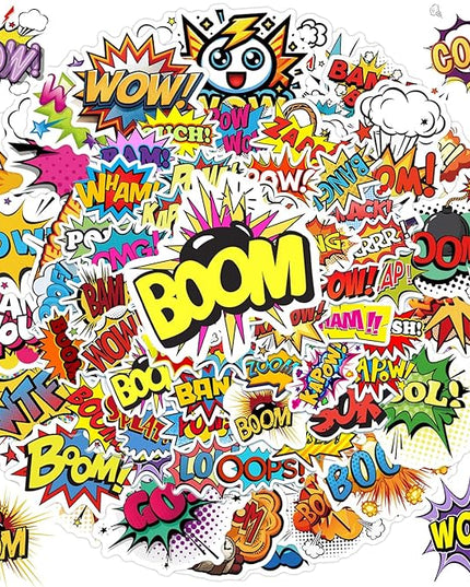 105PCS Comic Pop Art Stickers – Waterproof Vinyl Decals with Bold Words Like Wow, Pow, Boom – Great for Journals, Laptops, Gift Wrap, Water Bottles