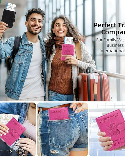 Passport Holder for Travel Family with Slot for AirTag & Luggage Tag Cover, – RFID Blocking Passport Wallet for Women & Girl | PU Leather Passport Cover Case with Money Pocket – Pink