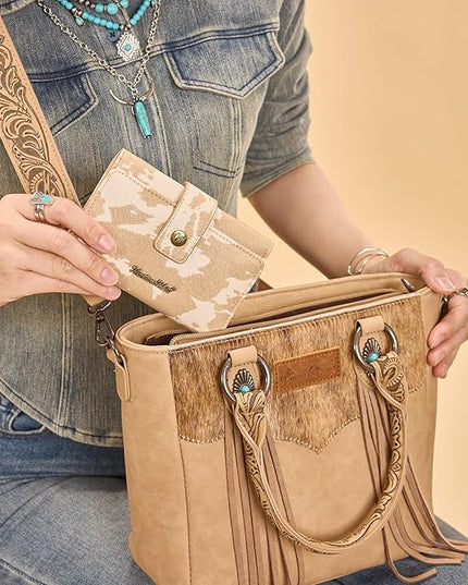 Montana West Small Wallets for Women Trifold Cow Print Wallet Ladies Female Credit Card Cash Wallet Western RFID Blocking Womens Wallets Khaki with ID Window