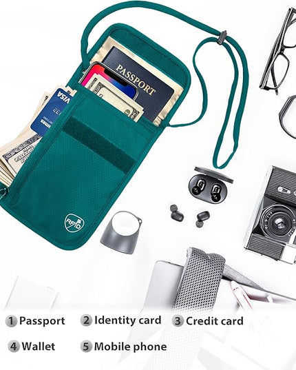 SUPACOOL Passport Holder Bag, Travel Wallet for Men Women Family, Card Holder Organizer, RFID Blocking, Neck Wallet, Hidden Neck Pouch for Travel(Green)