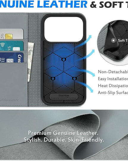 SHIELDON Genuine Leather Wallet Case for iPhone 17 Pro 6.3-inch 2025 | Folio Magnetic | RFID Blocking Credit Card Holder | Kickstand | TPU Shockproof Phone Cover for Men Women | Gray