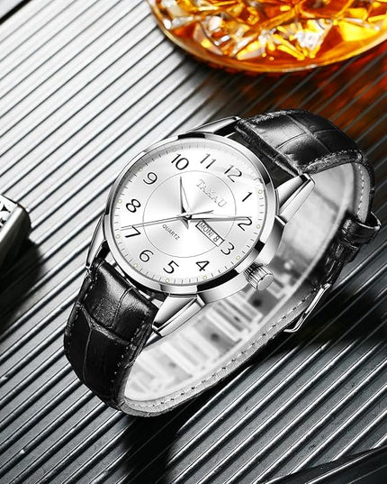 Men Dress Watch Waterproof Leather Watches for Men with Day Date Luxury Large Arabic Numerals Analog Quartz Classic Leather Watch Easy Read relojes para Hombres